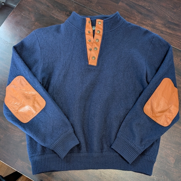 Orvis Men's L Navy 100% Wool Sweater w/ Faux Leather Trim And